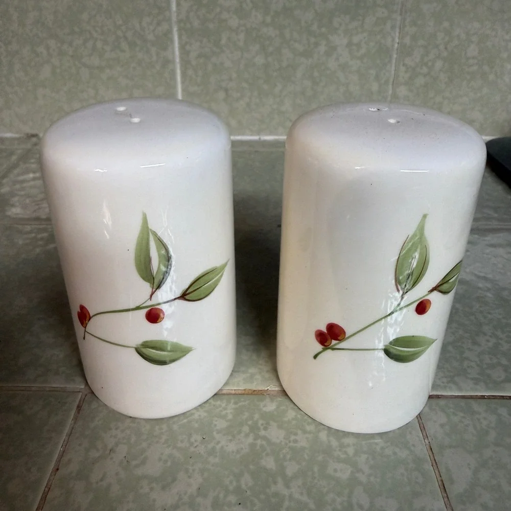 Target Home 2004 White Ceramic Salt and Pepper Shakers Green Leaves Red Berries